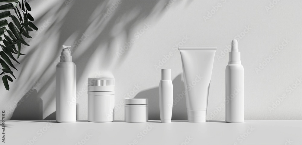 A captivating HD view of five empty cosmetic bottles, all in pristine white, featuring diverse shapes. A captivating HD view of five empty cosmetic bottles, all in pristine white, featuring diverse shapes.