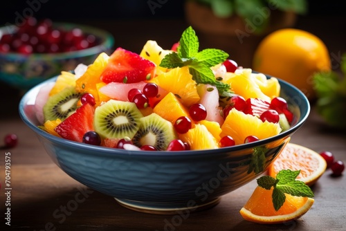 Photo of a vibrant tropical fruit salad in a bowl. Generative AI