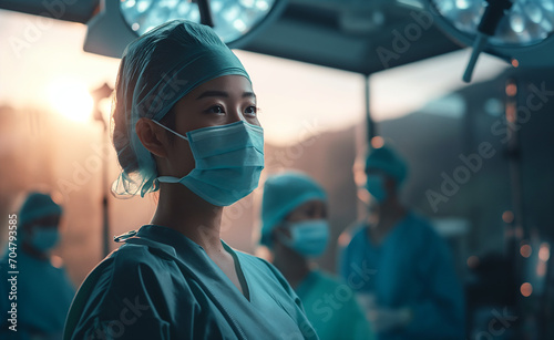 Expert Asian woman surgeon ready for operation, clinical environment, professional medical staff in surgery room © TEERAPONG