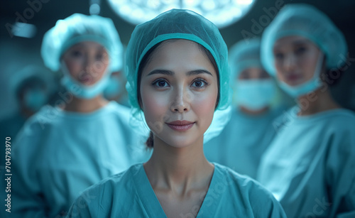 Expert Asian woman surgeon in surgical gear, with team behind, in a modern hospital setting, showcasing teamwork