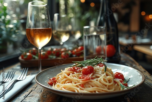 spaghetti with tomato sauce and a fine wine