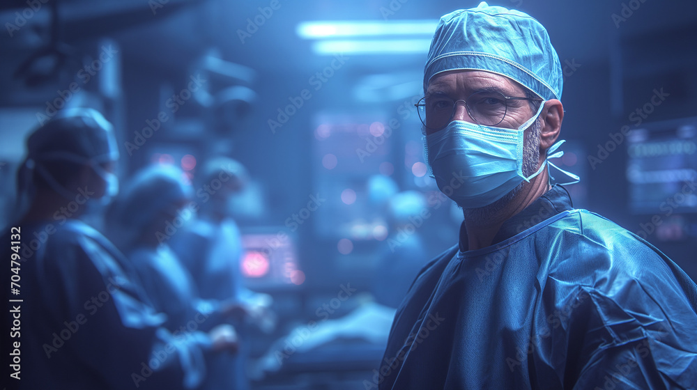 Healthcare surgery professional in mask and sterile blue scrubs stands in OR surrounded by medical equipment and lighting Healthcare surgery professional in mask and sterile blue scrubs stands in OR surrounded by medical equipment and lighting