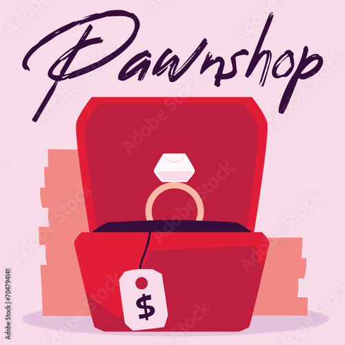 Golden ring with a diamond in red box with price tag, customer buy or sell jewelry and get cash, Pawnshop poster vector