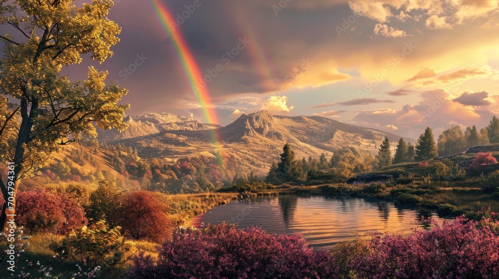  a painting of a mountain lake with a rainbow in the sky and trees in the foreground and a mountain range in the background.