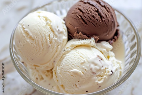 Two scoops of organic ice cream, two of vanilla flavor and other of chocolate flavor