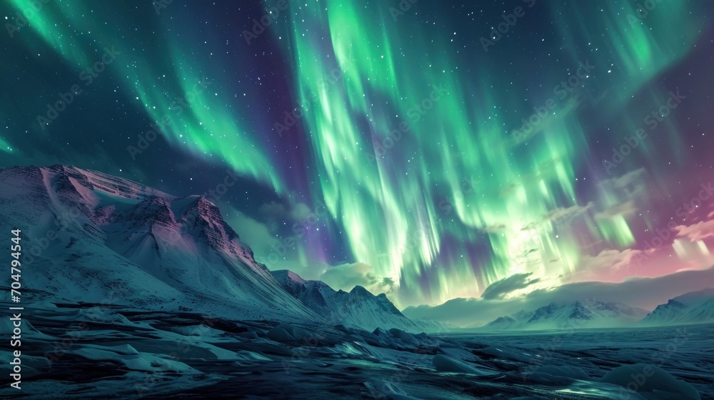  a green and purple aurora bore is in the sky above a mountain range with snow on the ground and a pink and green aurora bore is in the sky.