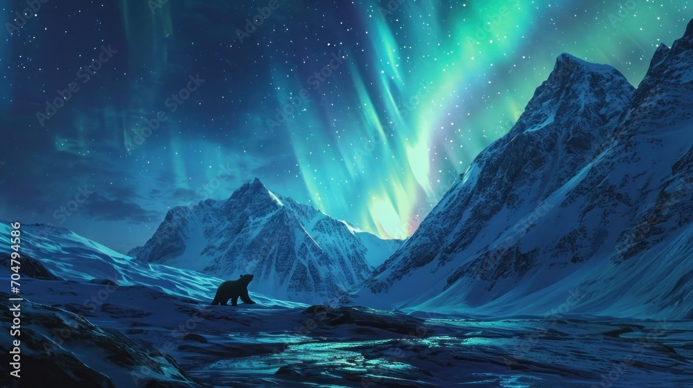  a man standing on top of a snow covered mountain under a sky filled with green and purple aurora bores.