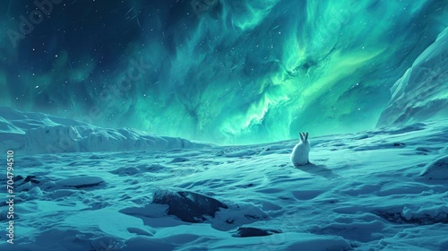  a polar bear standing in the middle of a snow covered field under a green and blue sky filled with stars.