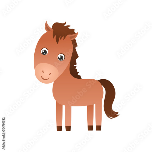 Cute horse Isolated on white background. Brown smiling foal in  simple flat style. Cartoon funny farm animal. Children's style.