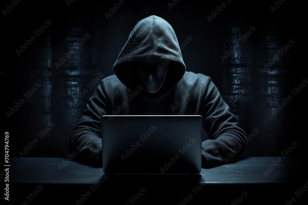 A man is sitting at a laptop on a black background. Hacking and information A man is sitting at a laptop on a black background. Hacking and information