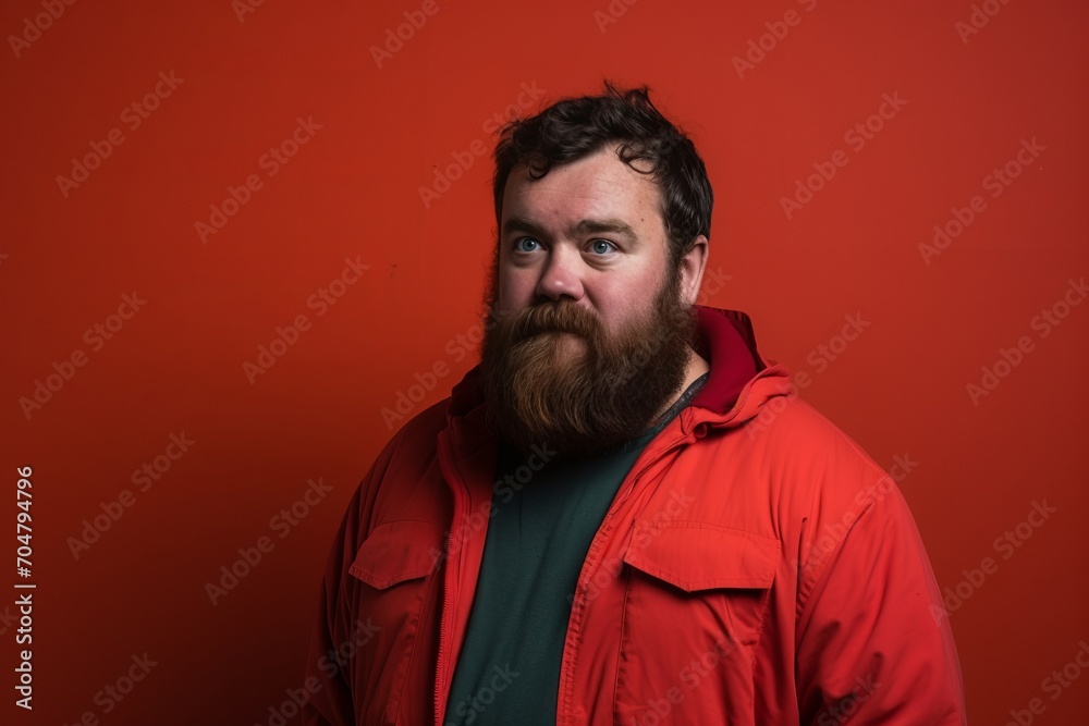 Portrait of a bearded man in a red jacket on a red background Portrait of a bearded man in a red jacket on a red background
