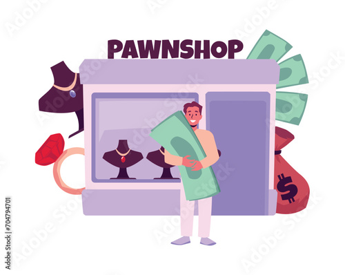Pawnshop concept with happy man holding cash money and jewelry give as collateral.