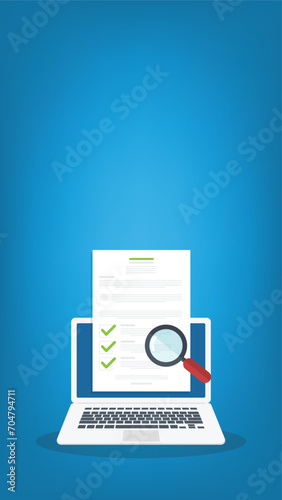 Online digital document inspection or assessment evaluation on laptop computer, contract review, analysis, inspection of agreement contract, compliance verification.	