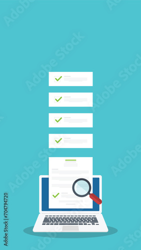 Online digital document inspection or assessment evaluation on laptop computer, contract review, analysis, inspection of agreement contract, compliance verification.	
