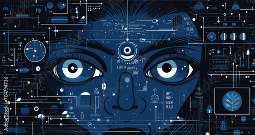 associated with bad AI in a vector art piece showcasing situations where AI-driven surveillance, data mining, or profiling infringe upon individuals' privacy rights. 