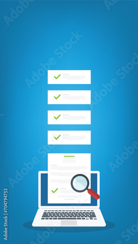 Online digital document inspection or assessment evaluation on laptop computer, contract review, analysis, inspection of agreement contract, compliance verification.	