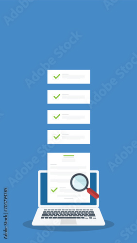 Online digital document inspection or assessment evaluation on laptop computer, contract review, analysis, inspection of agreement contract, compliance verification.	