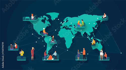 global connectivity facilitated by smartphones in a vector scene featuring individuals engaging in virtual meetings, connecting with people worldwide, and staying informed about global