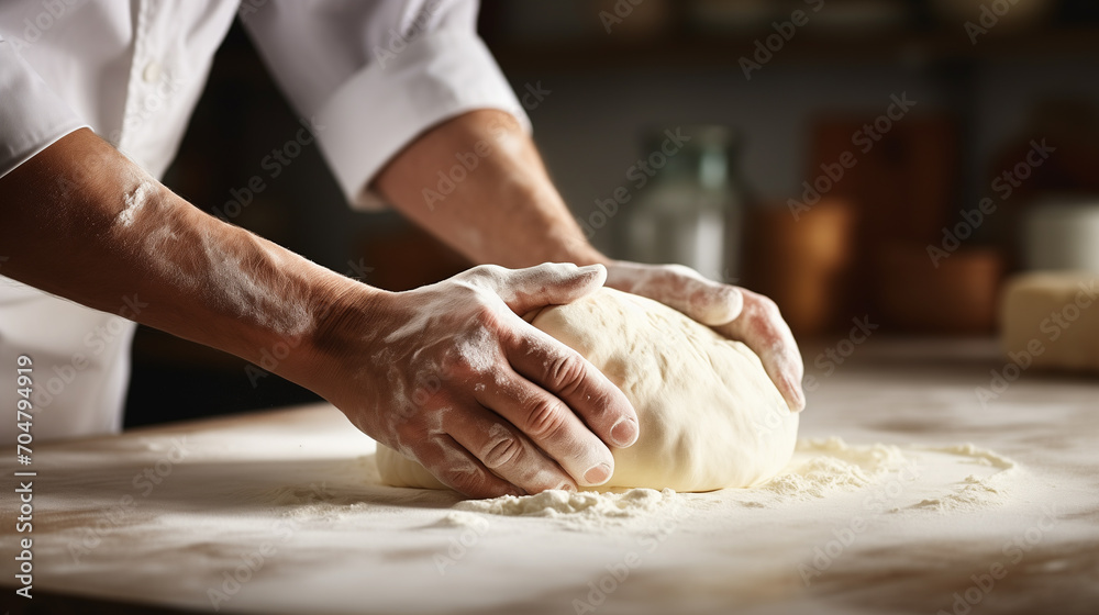 Chef kneading dough for pizza or bread