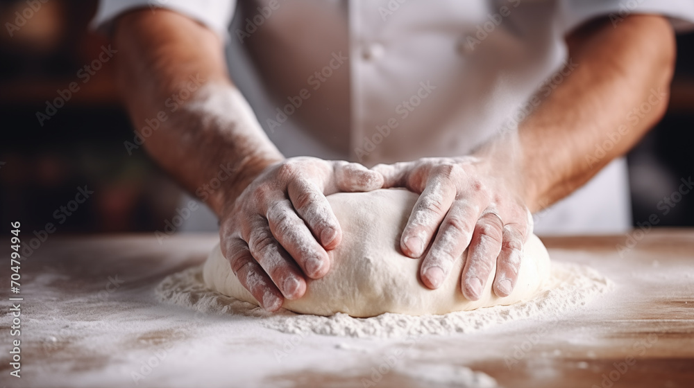 Chef kneading dough for pizza or bread