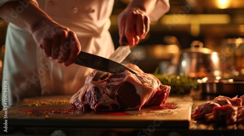  a person cutting up a piece of meat on a cutting board with a knife and a pot of spices in the background. photo