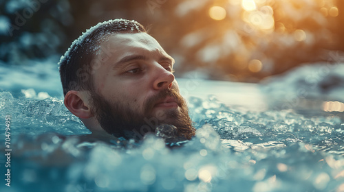 Cold water therapy for health Man immersed in ice in nature, relaxing in the forest