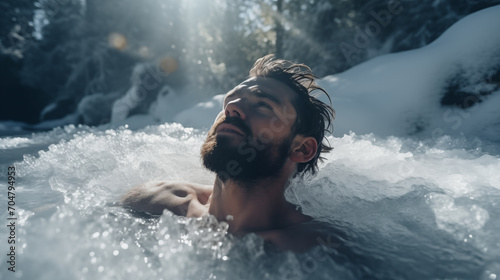 Cold water therapy for health Man immersed in ice in nature, relaxing in the forest