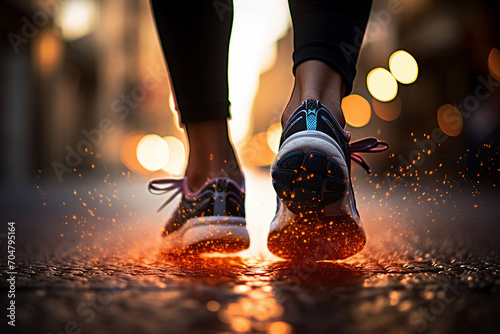 Generative AI Image of Woman Foots Wearing Sport Shoes Walking on Street photo