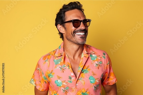 Portrait of a handsome young man in sunglasses smiling over yellow background