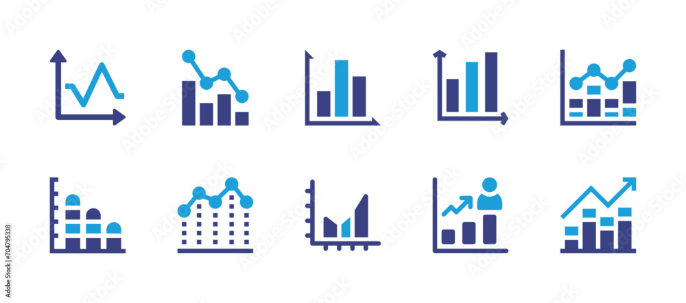 Graph icon set. Duotone color. Vector illustration. Containing decrease, bar chart, diagram, promote, graphs, bar graph, line chart, data analytics.