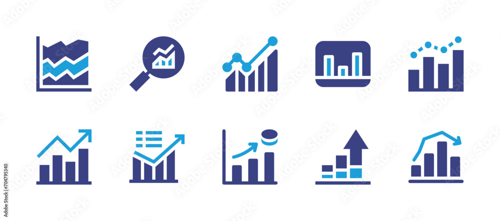 Graph icon set. Duotone color. Vector illustration. Containing trend, line graph, ipo, bar chart, search, statistics, sales, chart, analytics.