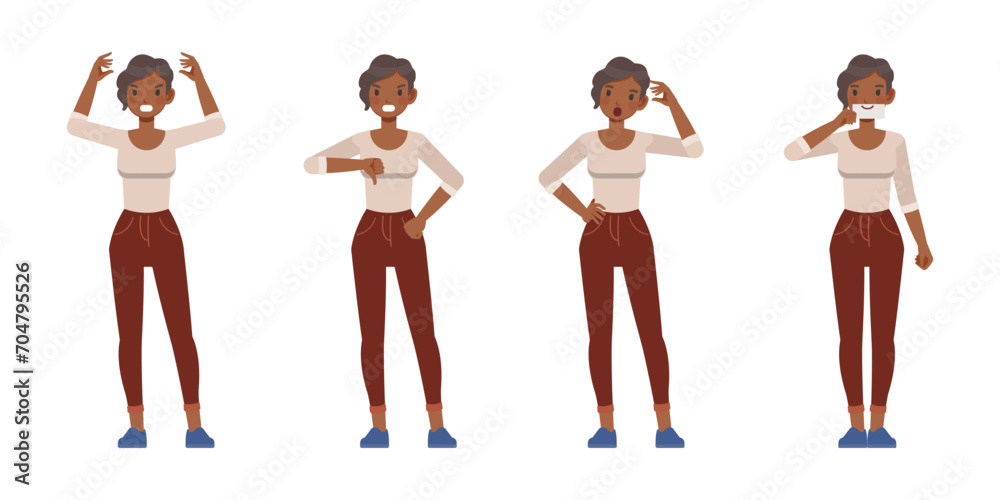 Fototapeta premium Set of working woman wear cream shirt color character vector design. Presentation in various action. Businesswoman working in office planning, thinking and economic analysis on isolated white backgrou