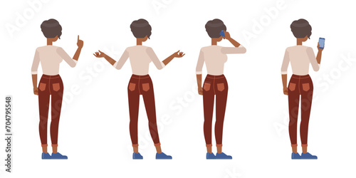 Set of working woman wear cream shirt color character vector design. Presentation in various action. Businesswoman working in office planning, thinking and economic analysis on isolated white backgrou