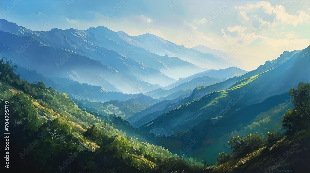  a painting of a mountain range with trees in the foreground and a blue sky with clouds in the background.