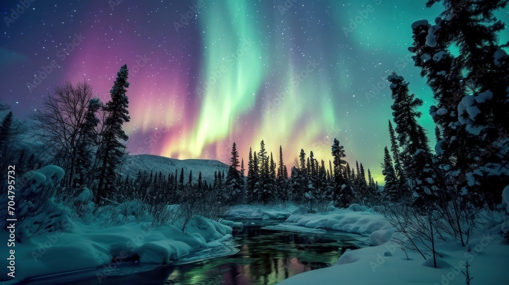  the aurora bore in the night sky over a river and snow covered trees with a stream running through the foreground.