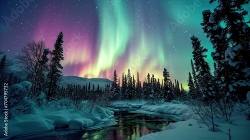  the aurora bore in the night sky over a river and snow covered trees with a stream running through the foreground. © Olga