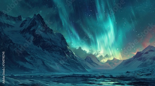  a painting of a mountain range with a sky filled with green and red aurora lights in the sky above it.