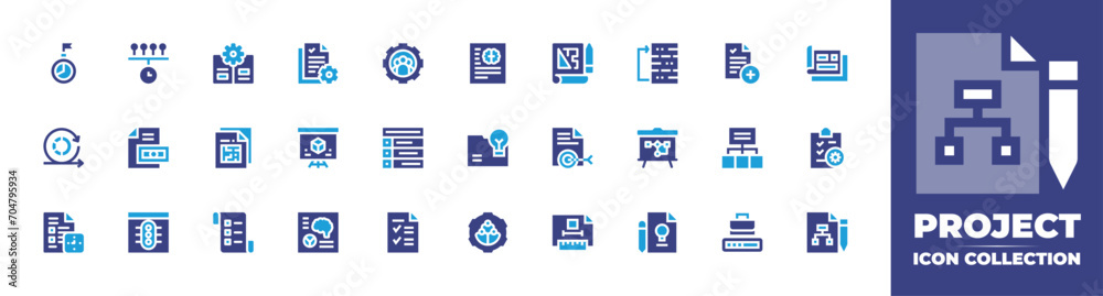 Project icon collection. Duotone color. Vector and transparent illustration. Containing implementation, project management, new project, guide, project, sprint, project plan, target, brief, planning.