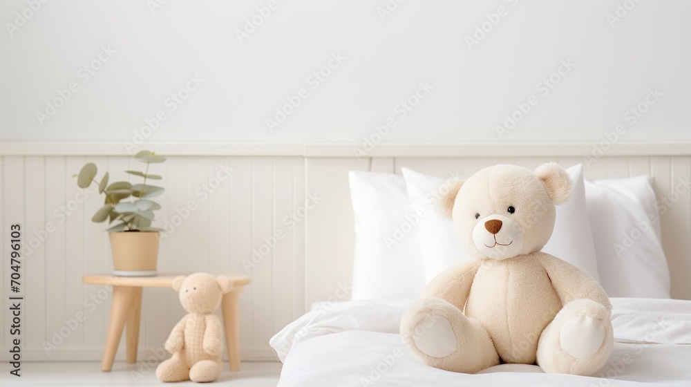 A cute teddy bear sitting on a bed with a small teddy bear sitting on a stool beside it A cute teddy bear sitting on a bed with a small teddy bear sitting on a stool beside it