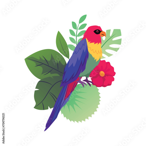 Macaw parrot with exotic leaves and flowers  flat vector illustration isolated.