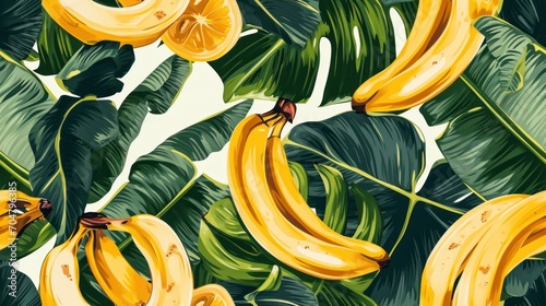  a bunch of ripe bananas hanging from a banana tree next to a bunch of green leafy banana's.