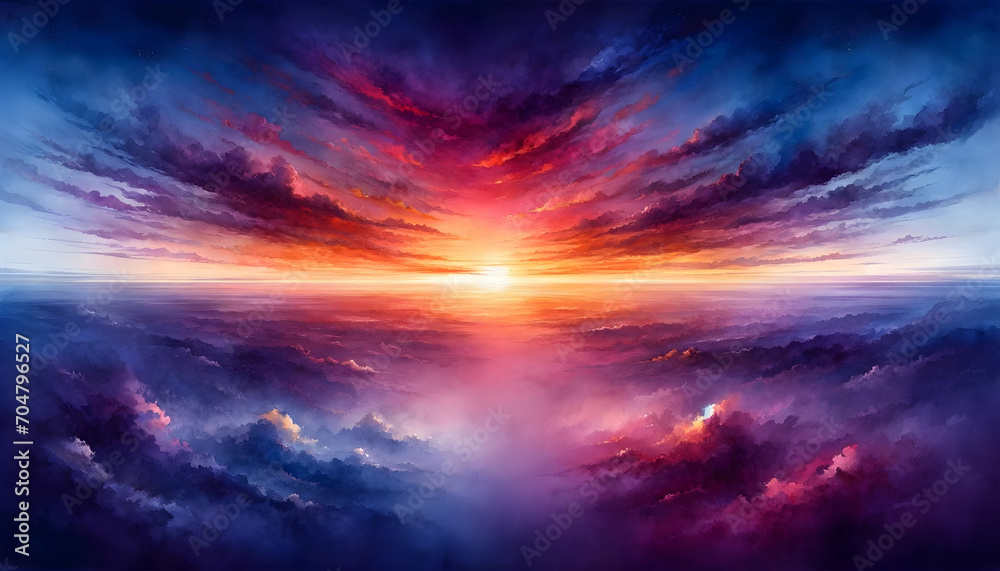 A background featuring abstract clouds in the sky with either a sun or sunset landscape, created using a watercolor technique to achieve a colorful background	