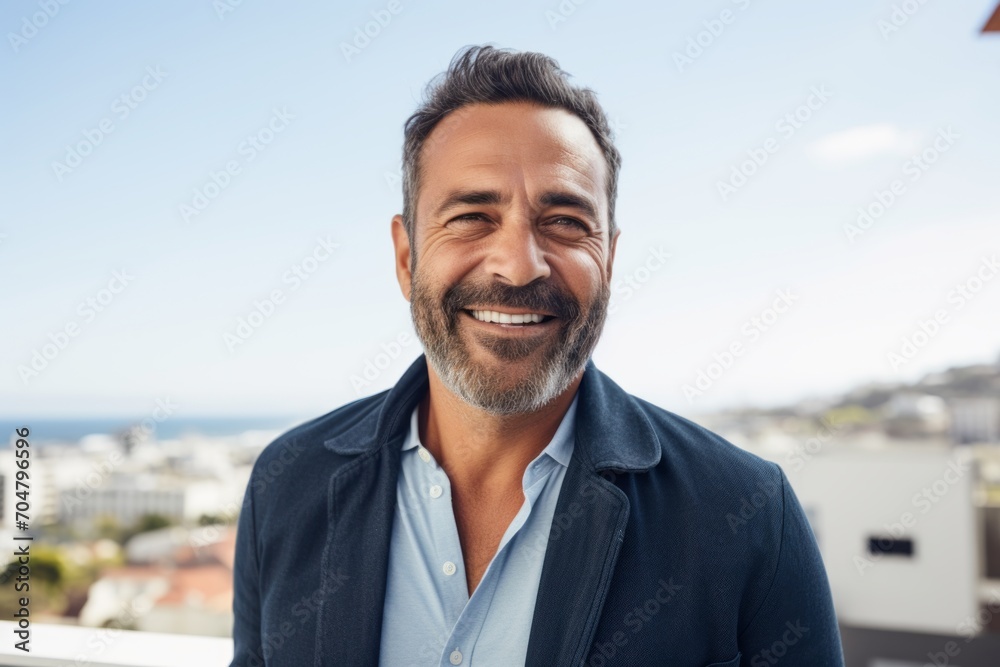 Portrait of handsome middle-aged man smiling and looking at camera outdoors Portrait of handsome middle-aged man smiling and looking at camera outdoors