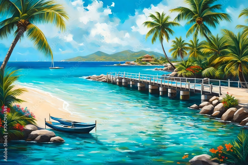 Oil painting, Beautiful landscape with bridge to pier. Color fusion of ocean, palm trees, flowers and sky. Light ripples on amazingly clear water. painting fine vacation on summer