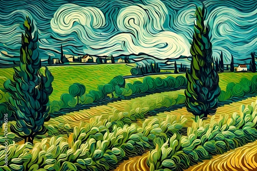 stylized vector version of painting Wheat field with cypresses photo