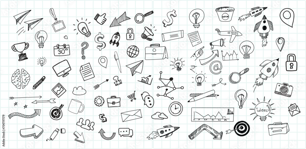Hand draw technology sketch icon doodle set design. doodle art business hand drawn vector simple. with flowchart, statistic and element component business.
 - obrazy, fototapety, plakaty 