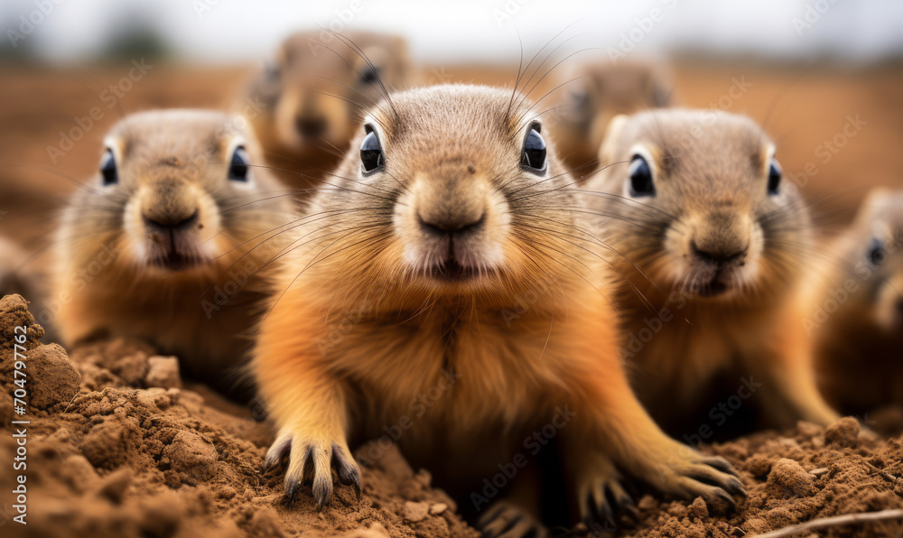 Curious Prairie Dogs Peering Out From Burrow, Group of Alert Rodents in Natural Habitat, Wildlife Observation Curious Prairie Dogs Peering Out From Burrow, Group of Alert Rodents in Natural Habitat, Wildlife Observation