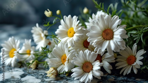  a close up of a bunch of daisies on a marble surface with green leaves and flowers in the background.