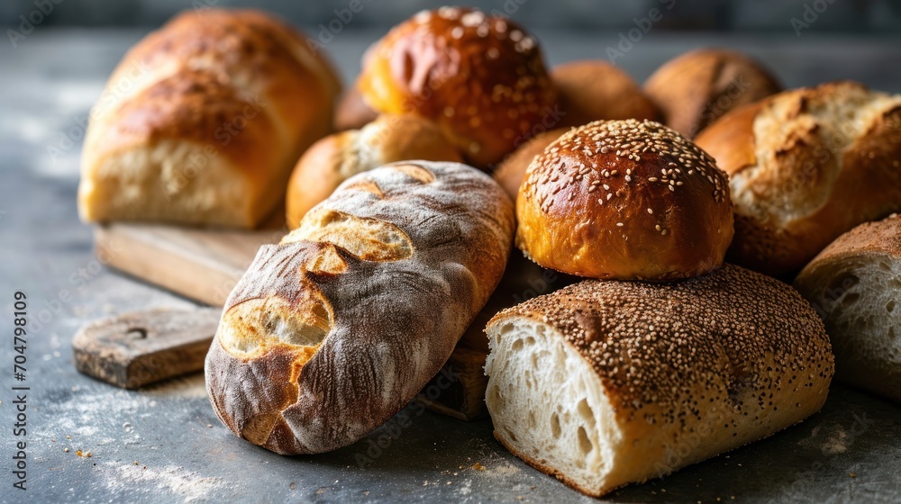  a bunch of loaves of bread sitting on a table next to a loaf of bread on a cutting board.