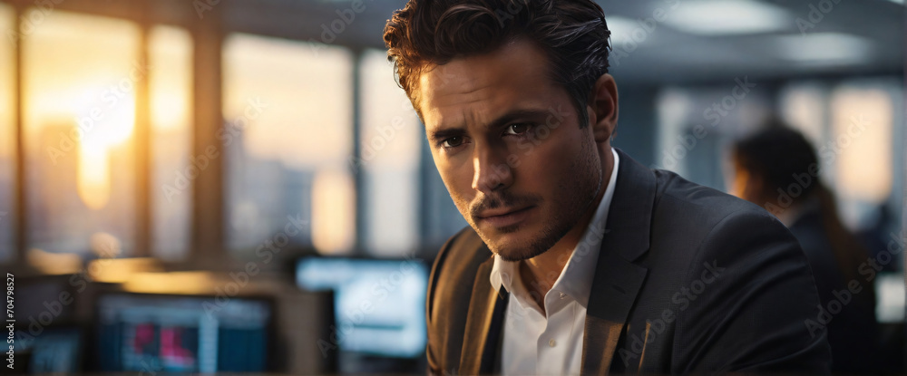 buying stocks with a mesmerizing depiction of an businessmen, their back presented in a half-turn, wearing suits in an office, seated in front of a commanding monitor, engrossed in the process - obrazy, fototapety, plakaty 